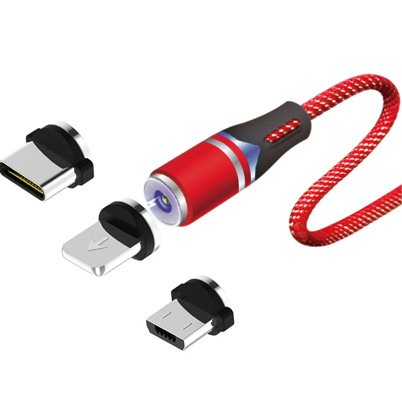 

2020 New High Quality Nylon Braid Magnetic Charger 3A Fast Charging USB Data Cable 3 in 1, Grey red blue