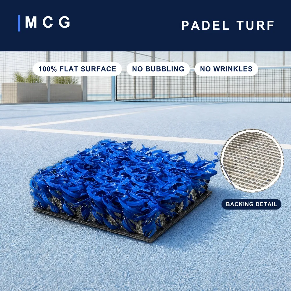 MCG PADEL blue padel turf sample on court with a 100% flat surface, no bubbling and no wrinkles, plus a close-up of the backing cloth