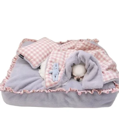 

Pet wooden ear plaid dog pad cat litter Autumn and winter pad cover processing customization blanket bed, Pink,gray