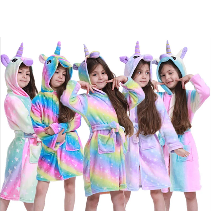 

New Toddler Kid Boys Girls Flannel Hooded Bathrobes Kids Rainbow Bath Robe Nightgown Pajamas Sleepwear Children Home Clothes
