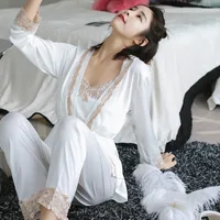 

Korean style Womens Sleepwear 3 Picecs silk Lace Hollow Out Velour Pajama Set