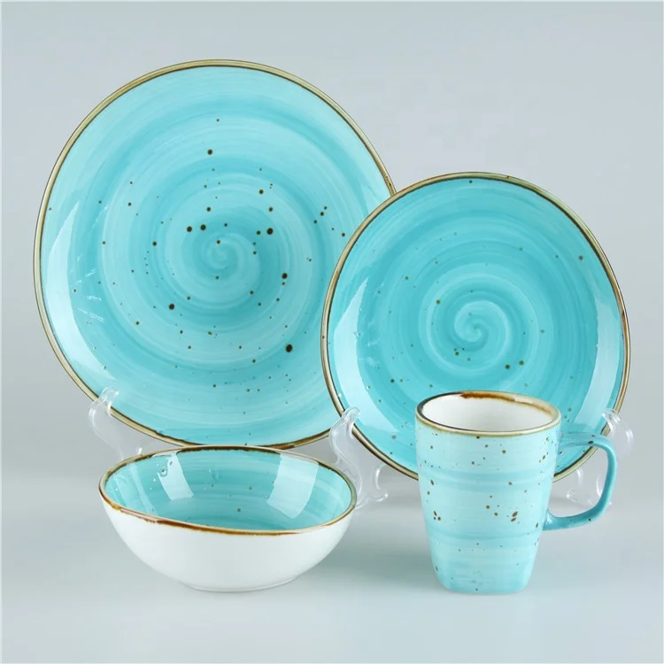 

JQY hand painted color glazed dinnerware set with 4pcs serving for 1 hotel restaurant plate bowl mug tableware set, Coral, turquoise, night blue, yellow, grey