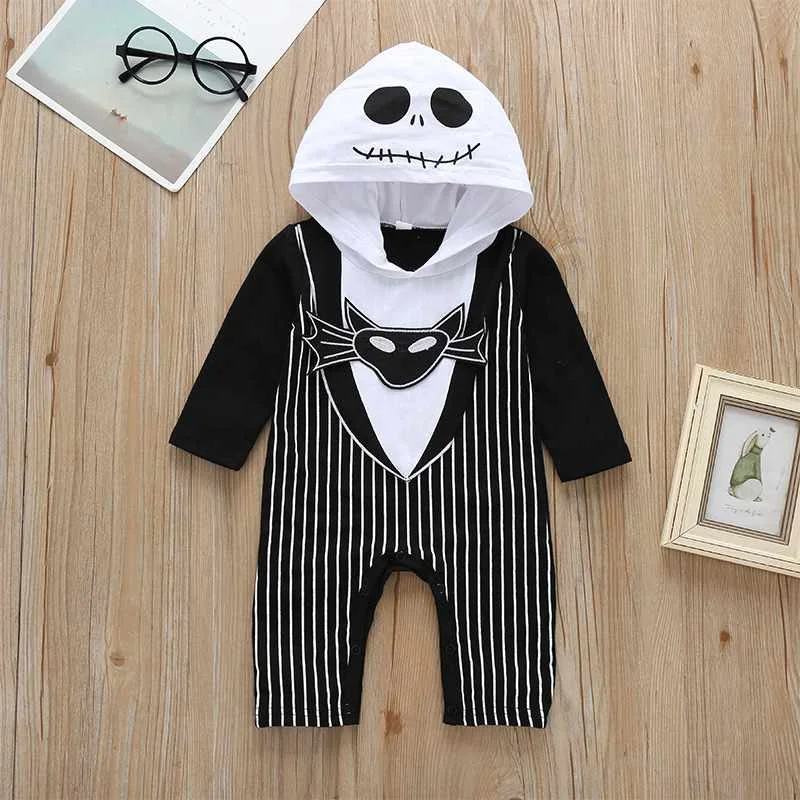 

Halloween Black And White Stripe Festival Baby Boy Crawling Suit