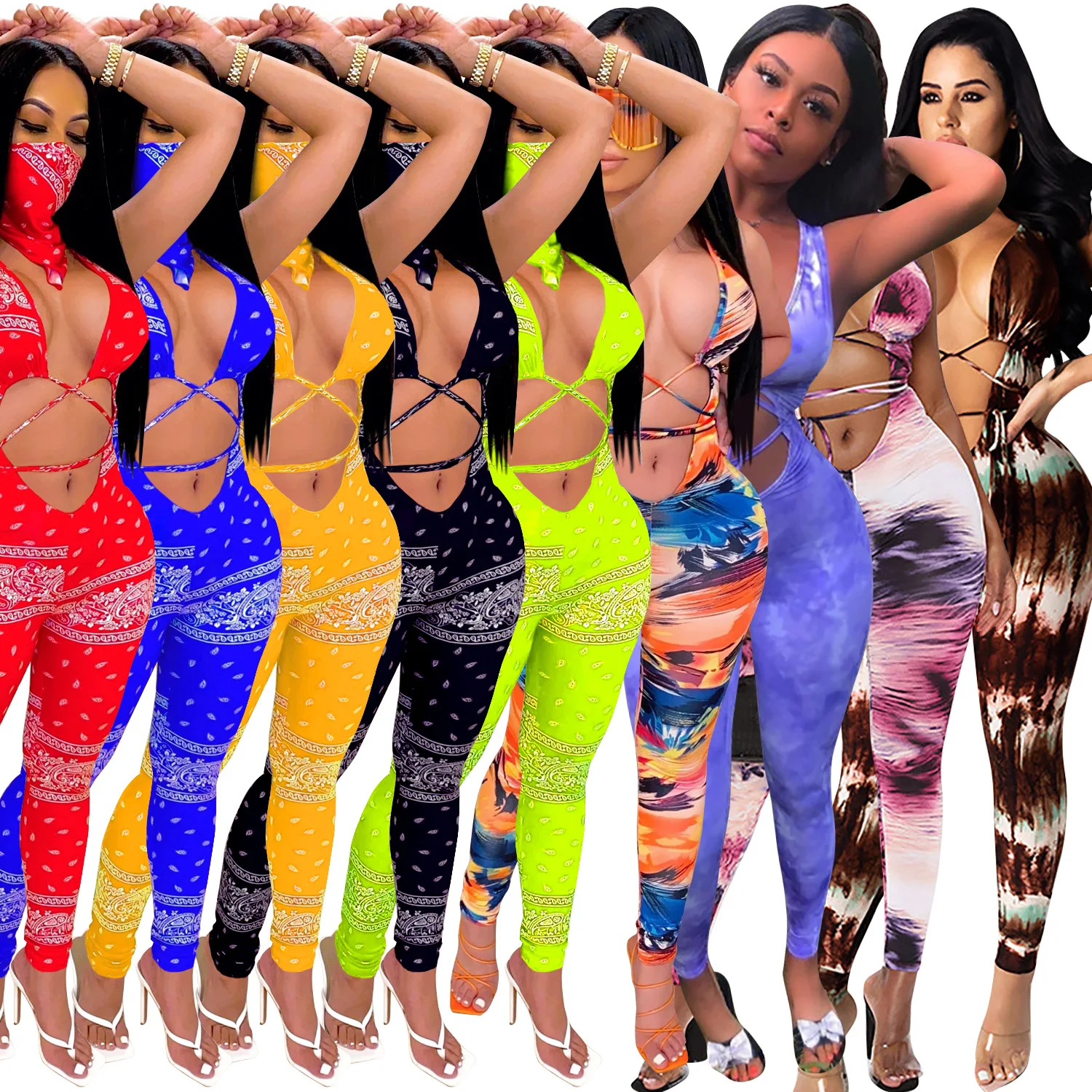 

X5187 - women sexy print sleeveless bandage jumpsuit