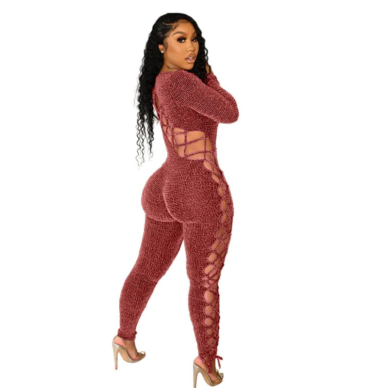 

2022New Arrival Skinny Women Plus Size Bodysuit Solid Color Hollow Sequin Romper One Piece Jumpsuit Sexy Playsuit Club Jumpsuits