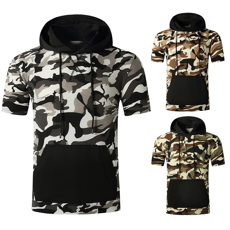 

Hot sale men's pullover hoodie fashion sports camouflage short sleeve hooded T-shirt, Different colors and support to customized
