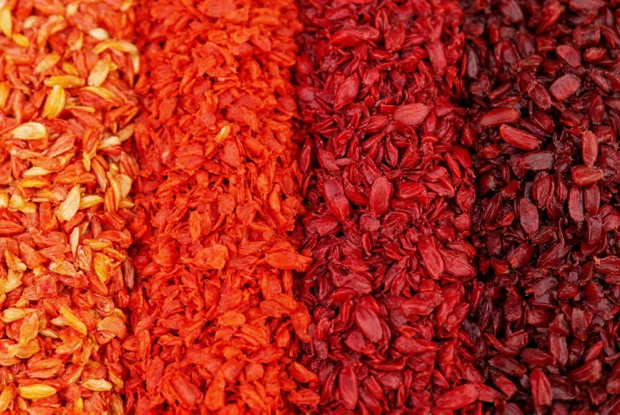 Close-up comparison of different pepper flake varieties showing color variations from bright red to dark crimson