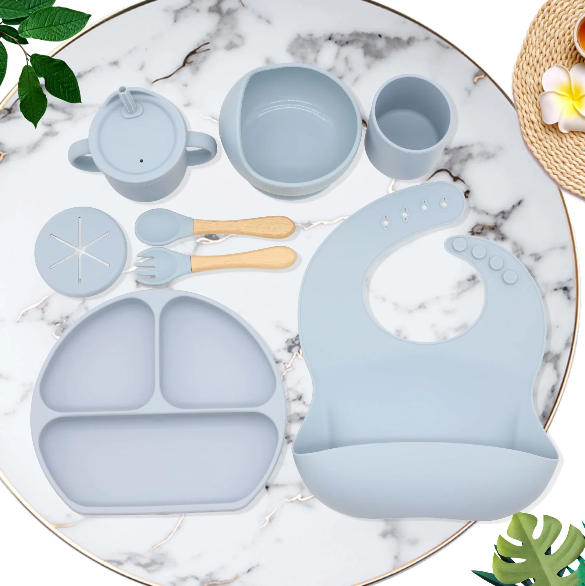 

Wholesale Custom Logo Muslin Waterproof Silicone Spoon Bowl Bib Bibs Washable Dinnerware Baby Feeding Set Sets for Babies