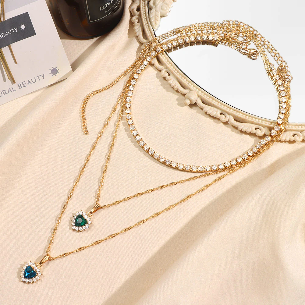 

Luxury Romantic Wedding Party Multilayer Jewelry Necklaces Bling Iced Out Crystal Rhinestone Tennis Chain Heart Pendant Necklace, Gold color