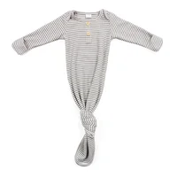 

Newborn baby clothes buttons front long sleeves mitten cuff striped sustainable ethic ribbed cotton knotted baby gown