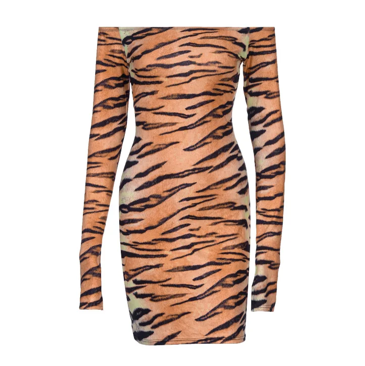 Tiger Print Sexy Women Bodycon Dress Off Shoulder Long Sleeve Slim Hot Party Mini Dresses Fashion 2020 Spring Clubwear