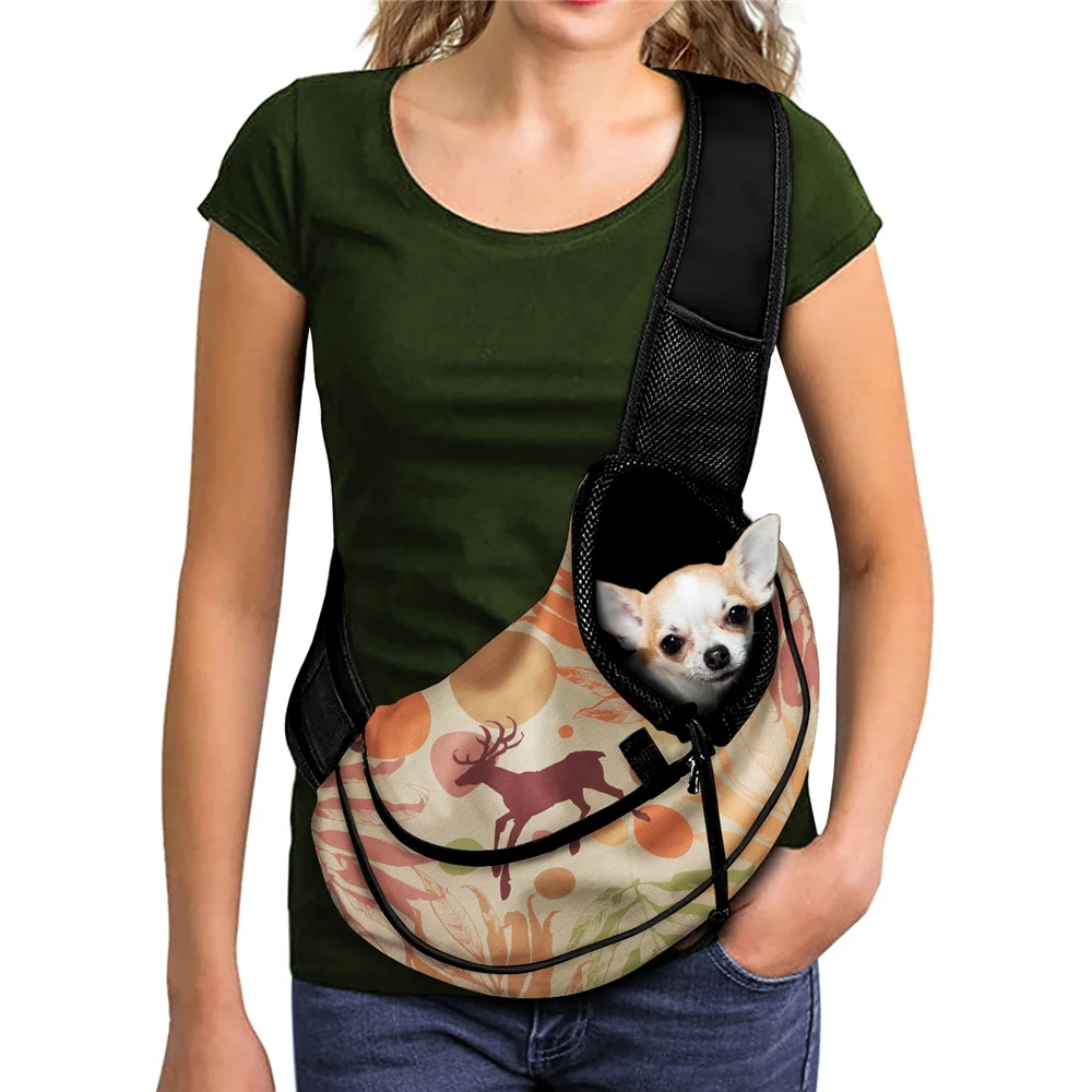 

Pet Products 2021 Christmas Elk Print Pet Sling Carrier Breathable Mesh Plug Hook Adjustable Pet Carry Bag for Puppy/Kitten, Customized color