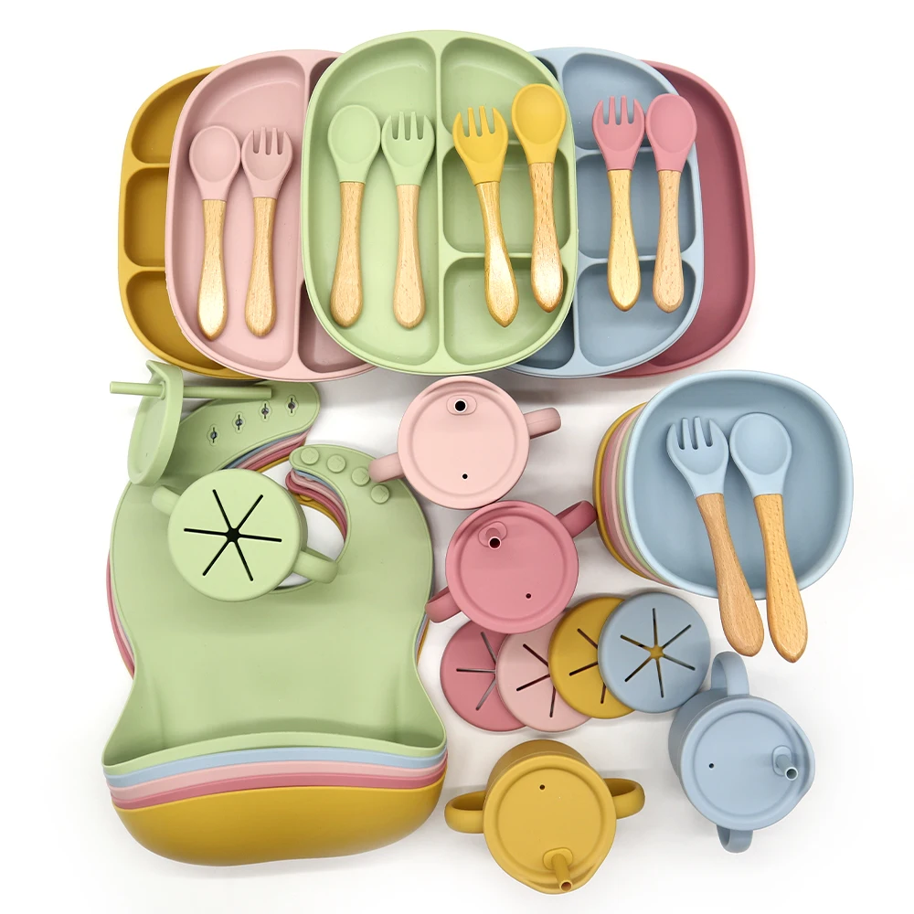 

organic baby utensil set infant tableware BPA free newborn gift kids food bowl suction plate silicone bib baby feeding set