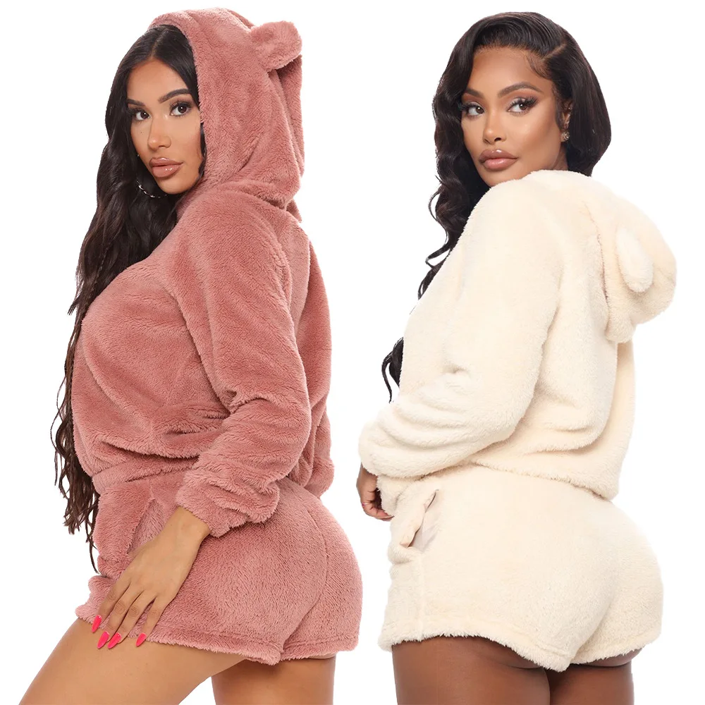 

New arrival 2021 winter warm hooded wool casual Sexy sports shorts two piece set women clothing, Pink,white