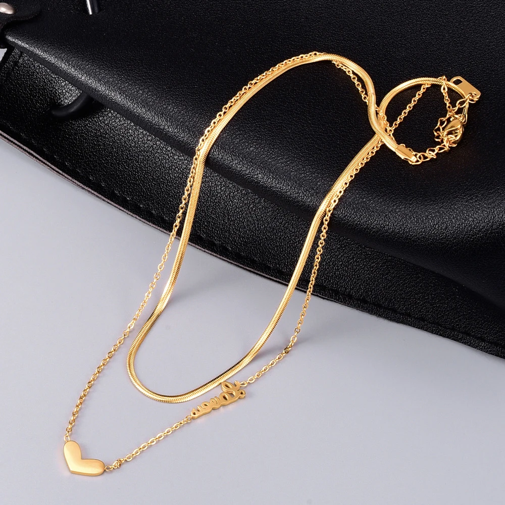 

Fashion 18K Gold Plated 3mm Herringbone Chain Necklace Stainless Steel Heart Pendant Layered Chain Necklace