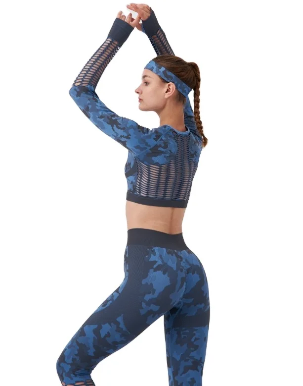 

OEM Sportswear Camouflage Crop Top And Seamless Leggings Set, Black blue