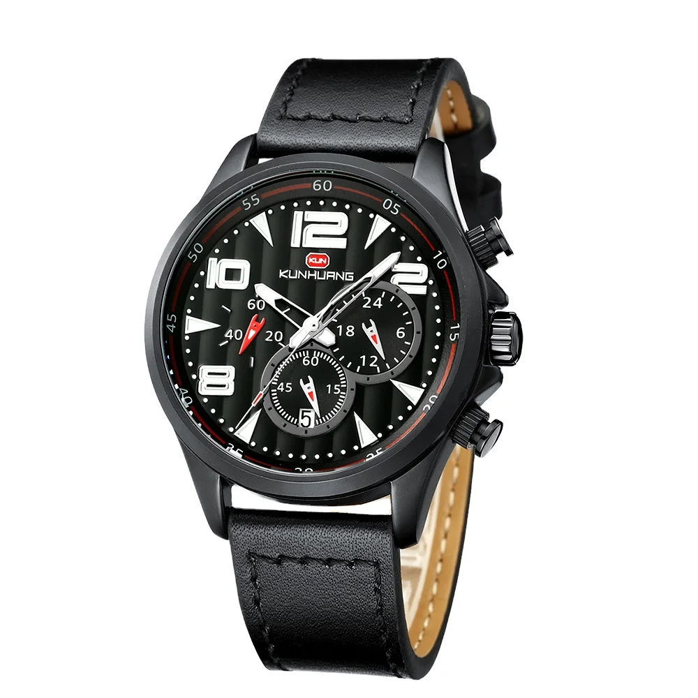 

2021 cheap quartz mens watches stopwatch leather strap, Black/blue/brown