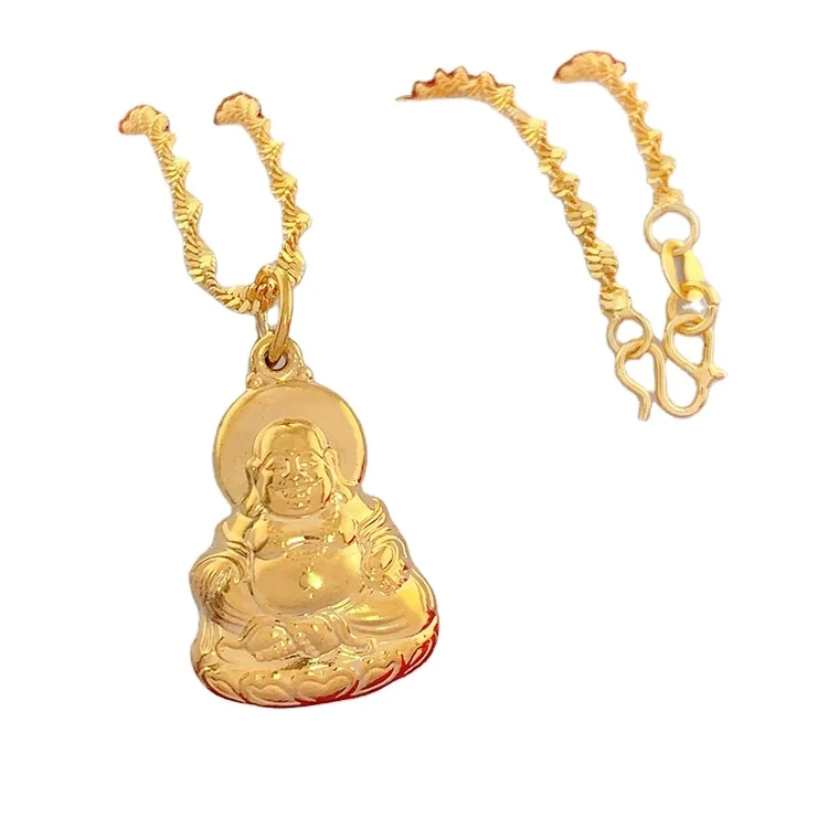 

HD0259 Brass Jewelry Plated Gold Jewelry 24K Buddha Pendant Water Wave Chain Gold Plated Plated Gold Necklace Wholesale