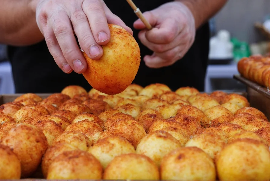 Mexican street vendor preparing custard apple with chili seasoning at outdoor market