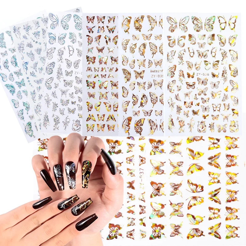 

3d Laser Gilded Butterfly Nail Stickers Press On Nails Popular Special Pattern Nail Art Decoration Stickers, As shown