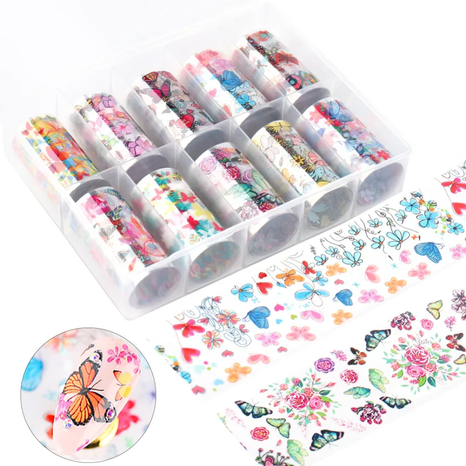 

10 Designs/Box Holographic Flower Butterfly Design DIY Manicure Decal Nail Art Transfer Foils Nail Stickers