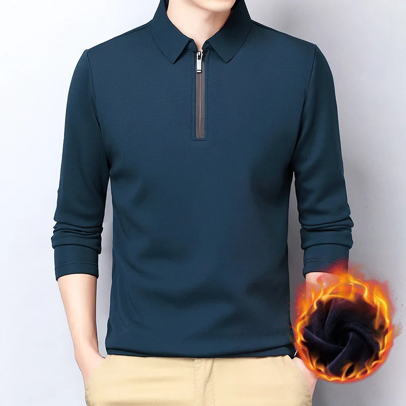 

Autumn And Winter Casual Long-Sleeved Polo Shirt Lapel Men'S Half Zipper Top Plus Velvet Cotton Men'S T-Shirt Bottoming Shirt