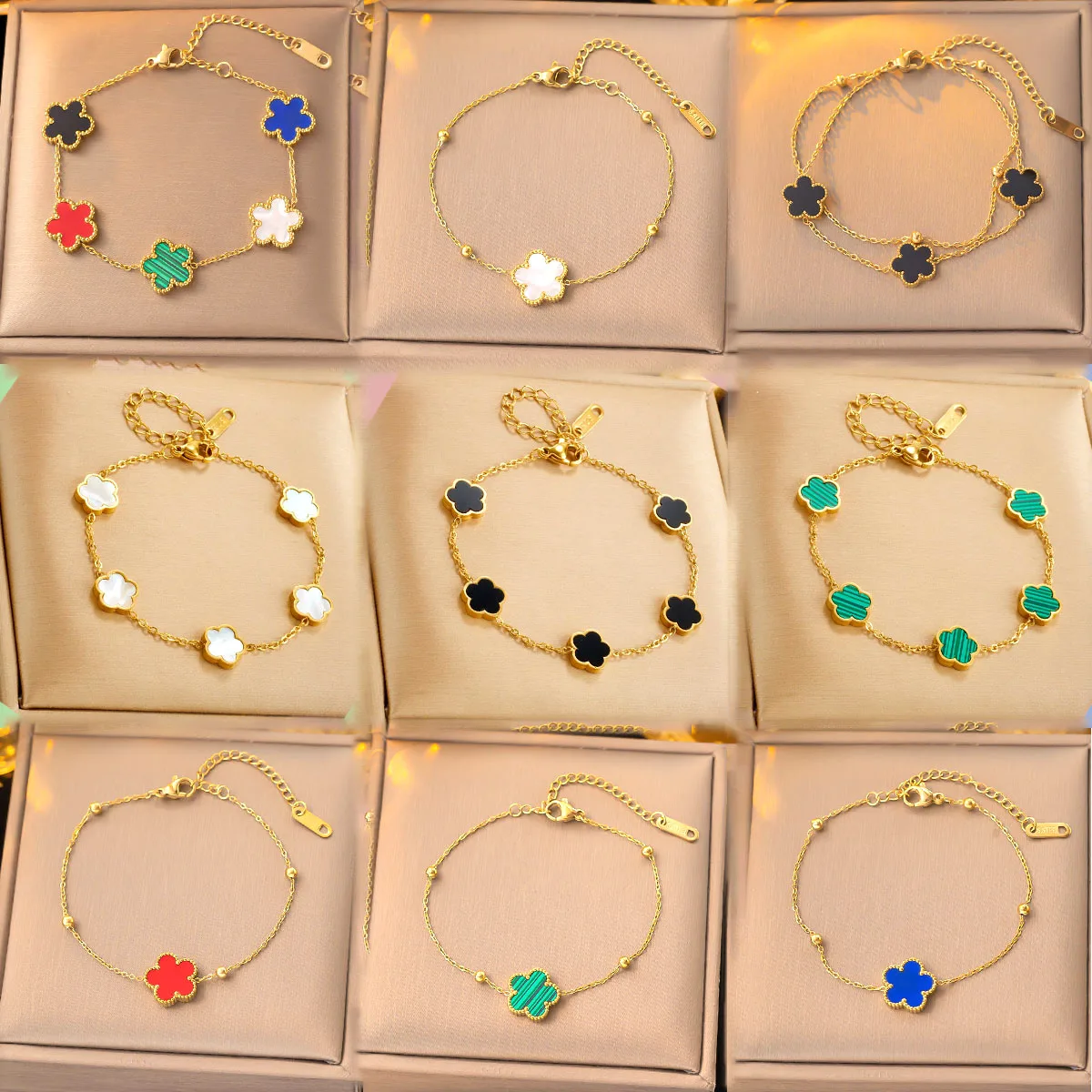 

New Arrival Stainless Steel 18k Gold Plated Shell Clover Flower Layered beaded Bracelet Women Four Leaf Bracelet For Gift