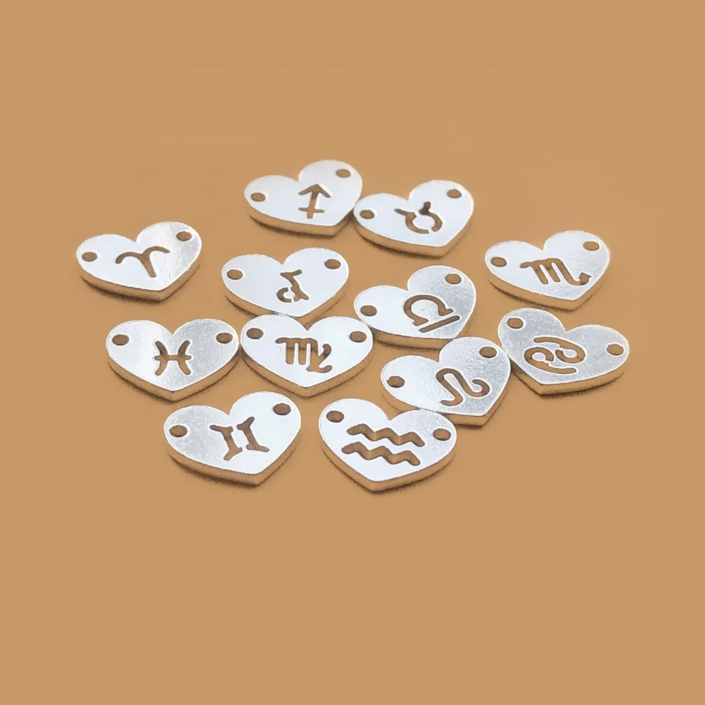 New Heart Shape Zodiac Sign Connector Pendants 925 Sterling Silver Charms for Handmade Jewelry