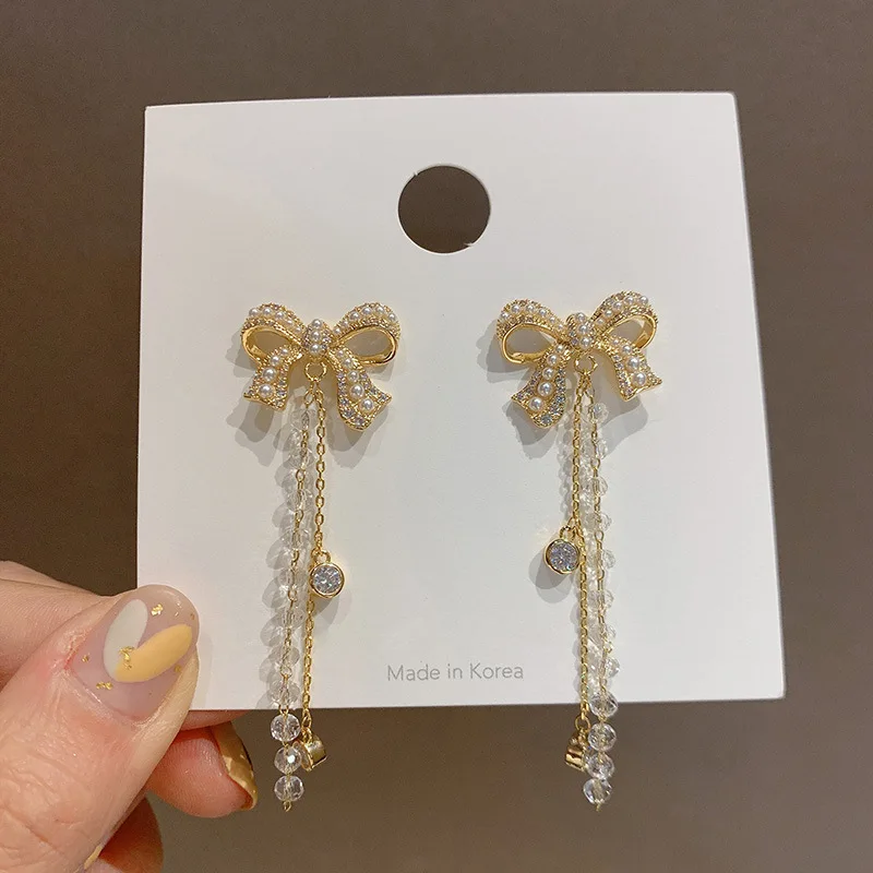 

new statement pearl crystal metal bow earrings