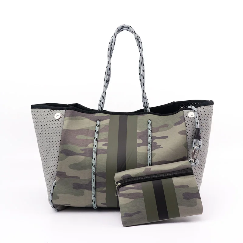 

High Quality 2021 Camouflage Stripe Design Neoprene Fashion Customized Beach Handbag Waterproof Neoprene Beach Tote Bag