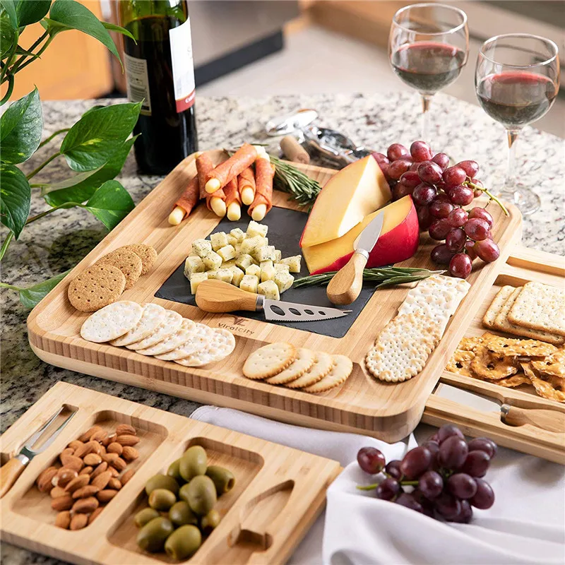 Square Super Bamboo Charcuterie Board With Removable Slate For Picnic ...