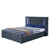 1290-1G Plush Silver Velvet Bed Frame LED Lights Winged Diamante Headboard Fabric Bed with storage