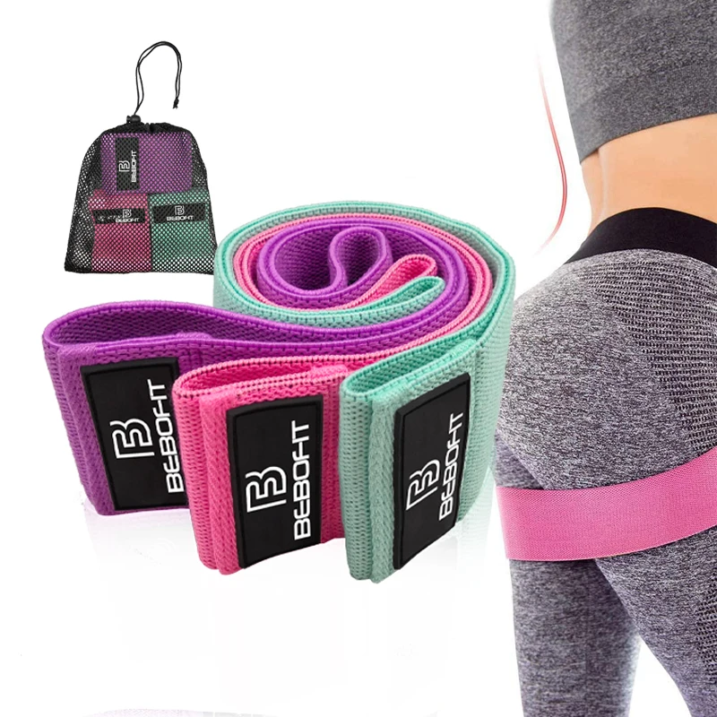 

Cotton Elastic Fabric Hip Resistance Booty Exercise Bands Set For Body Building, Green, pink, purple