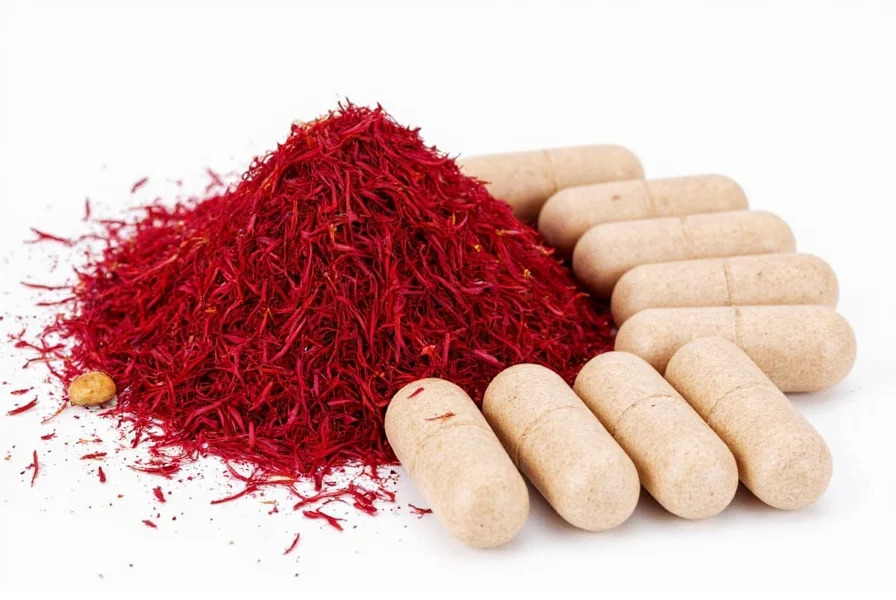 Comparison of high-quality vs low-quality saffron supplement capsules showing color differences and labeling details