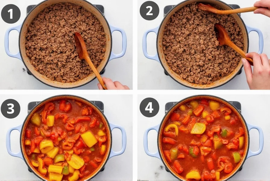 Step-by-step preparation of stuffed pepper soup showing ground beef browning with diced bell peppers in a large pot