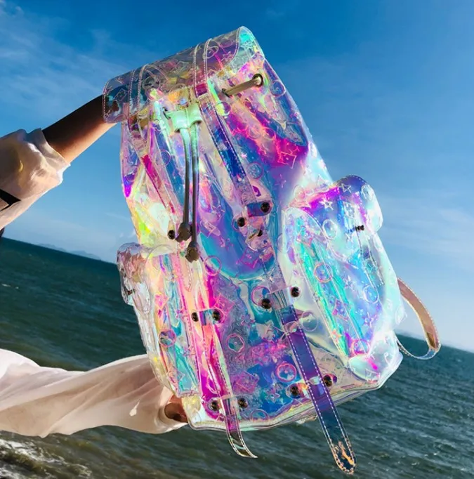 

Fashion embossed Customize Logo backpack holographic TPU Transparent waterproof beach Leisure holographic Backpack