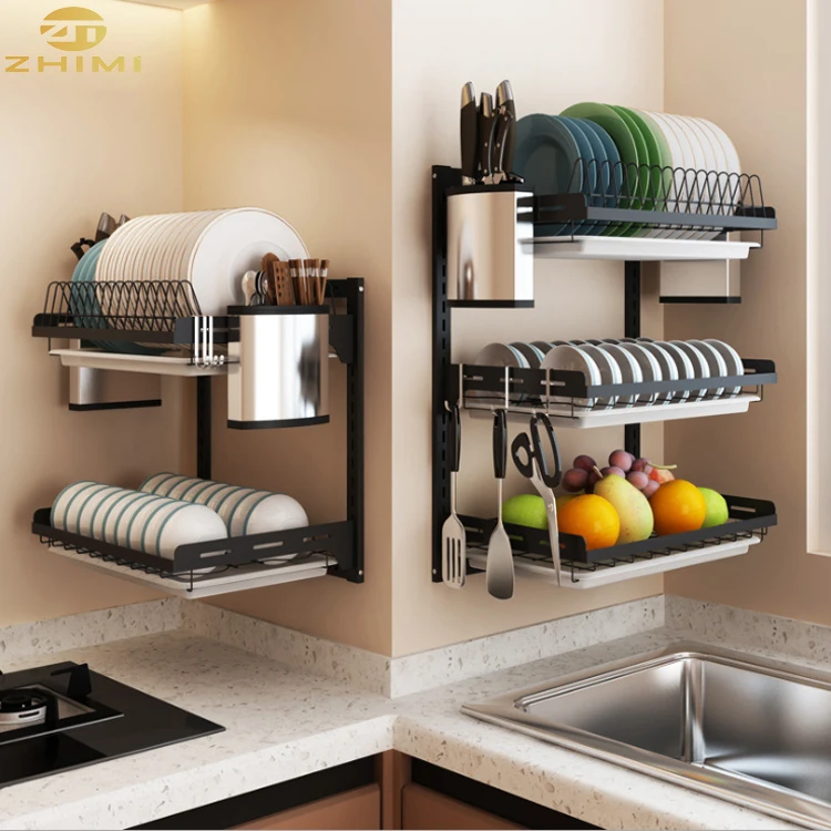 

High Quality Wall Hanging Plate Storage Holders Stainless Steel Kitchen Wall Dish Drying Rack Shelf