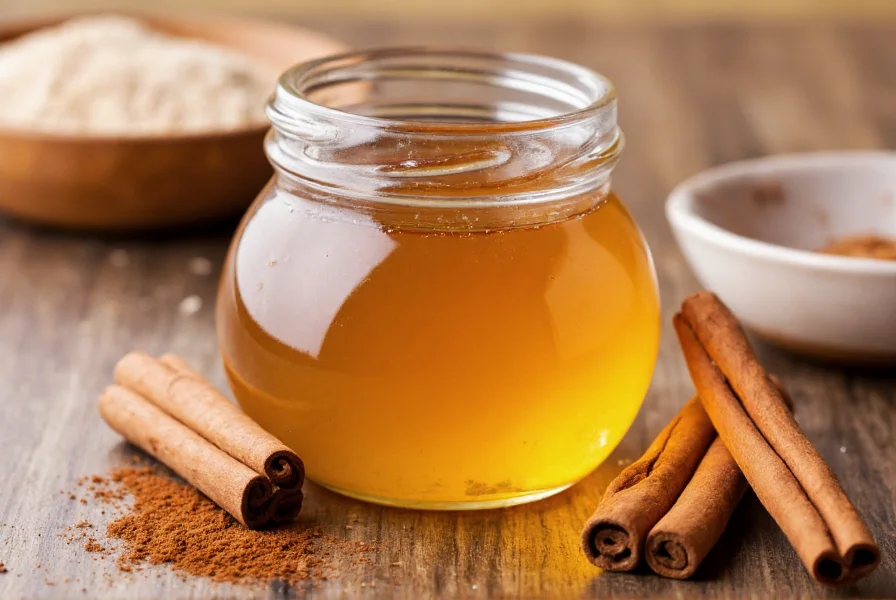 Glass jar with cinnamon and honey mixture showing golden color and texture for natural remedy