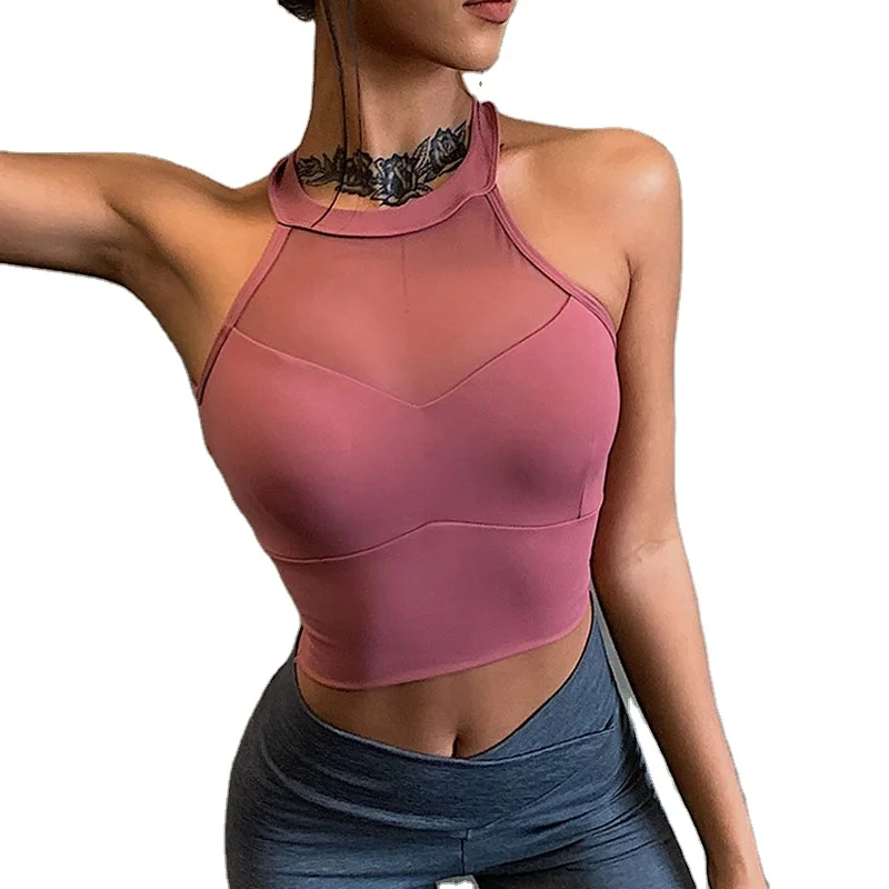 

Summer Popular New Style Clothing Mesh Net Yarn Hot Sexy Girl Bare Back Cross Bandage Sports Lady Yoga Top, 4 colors