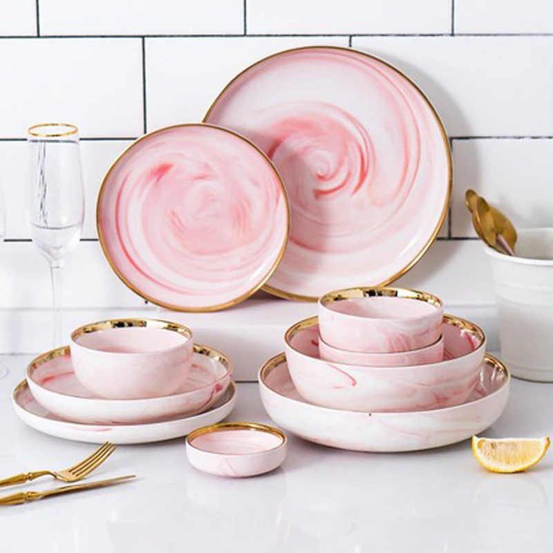 

Nordic style marble tableware pink plate set gold dinnerware vajilla