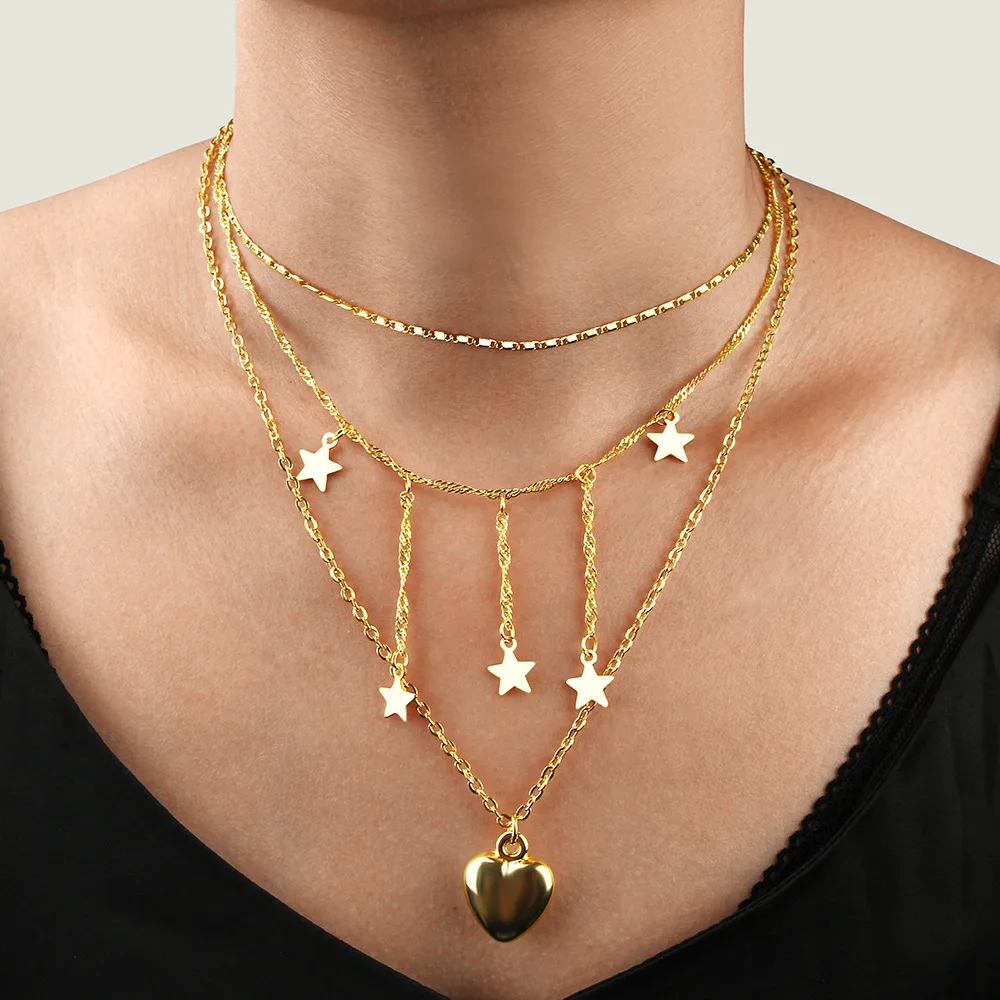 

Hot Sale Night Club Jewelry Punk Big Statement Multilayer Metal Chain Tassel Pendant Necklace Cute Star Gold Necklace, As picture show