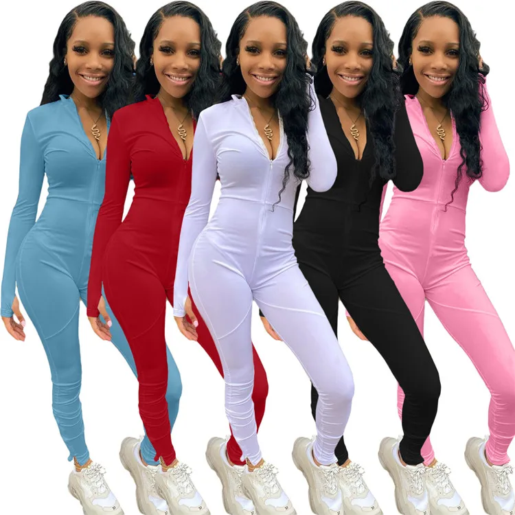 

New Ladies Rompers Long Sleeve Zipper Front Solid Color Plus Size One Piece Autumn Women Jumpsuits