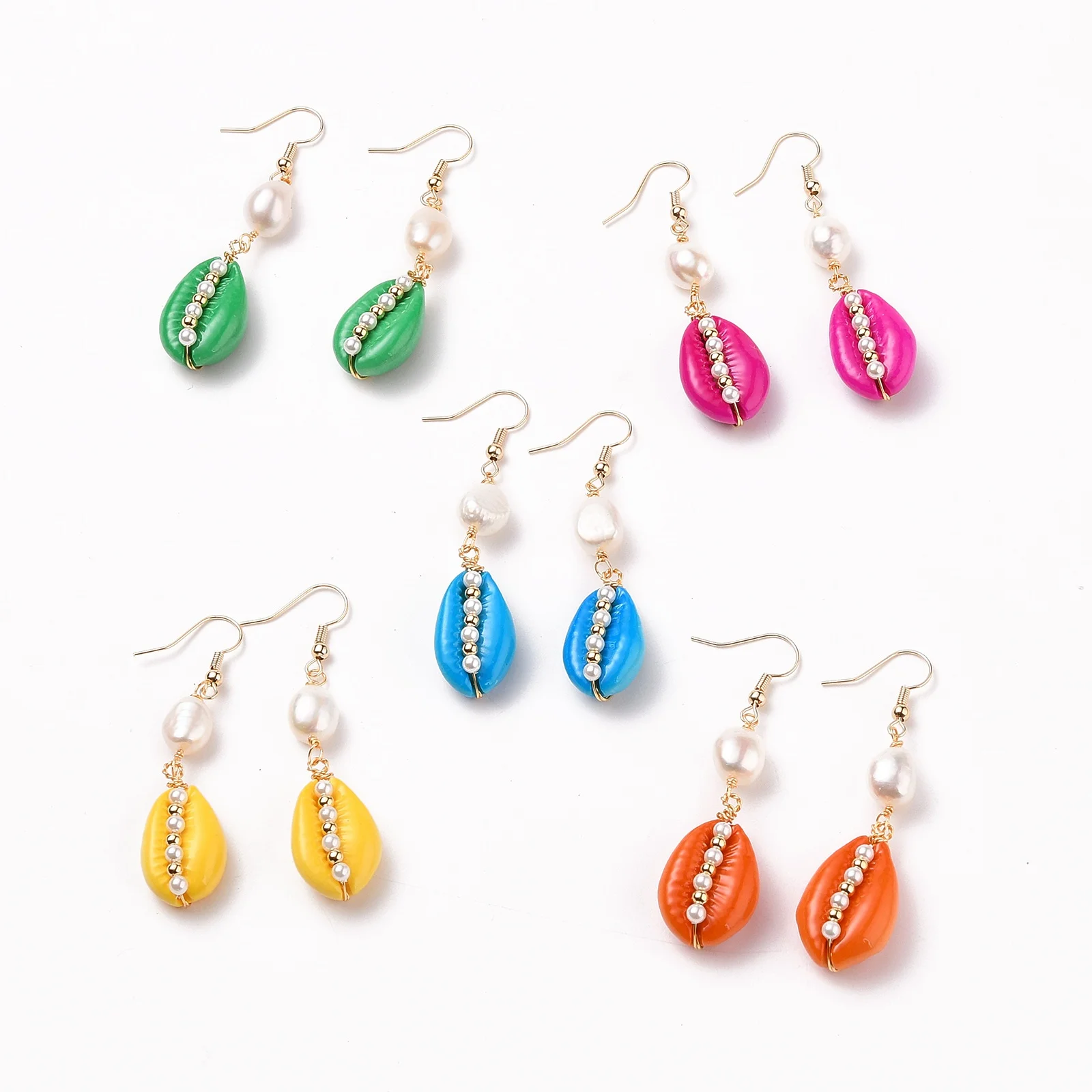

PandaHall Spray Paint Cowrie Shell And Shell Pearl Beads Dangle Earrings