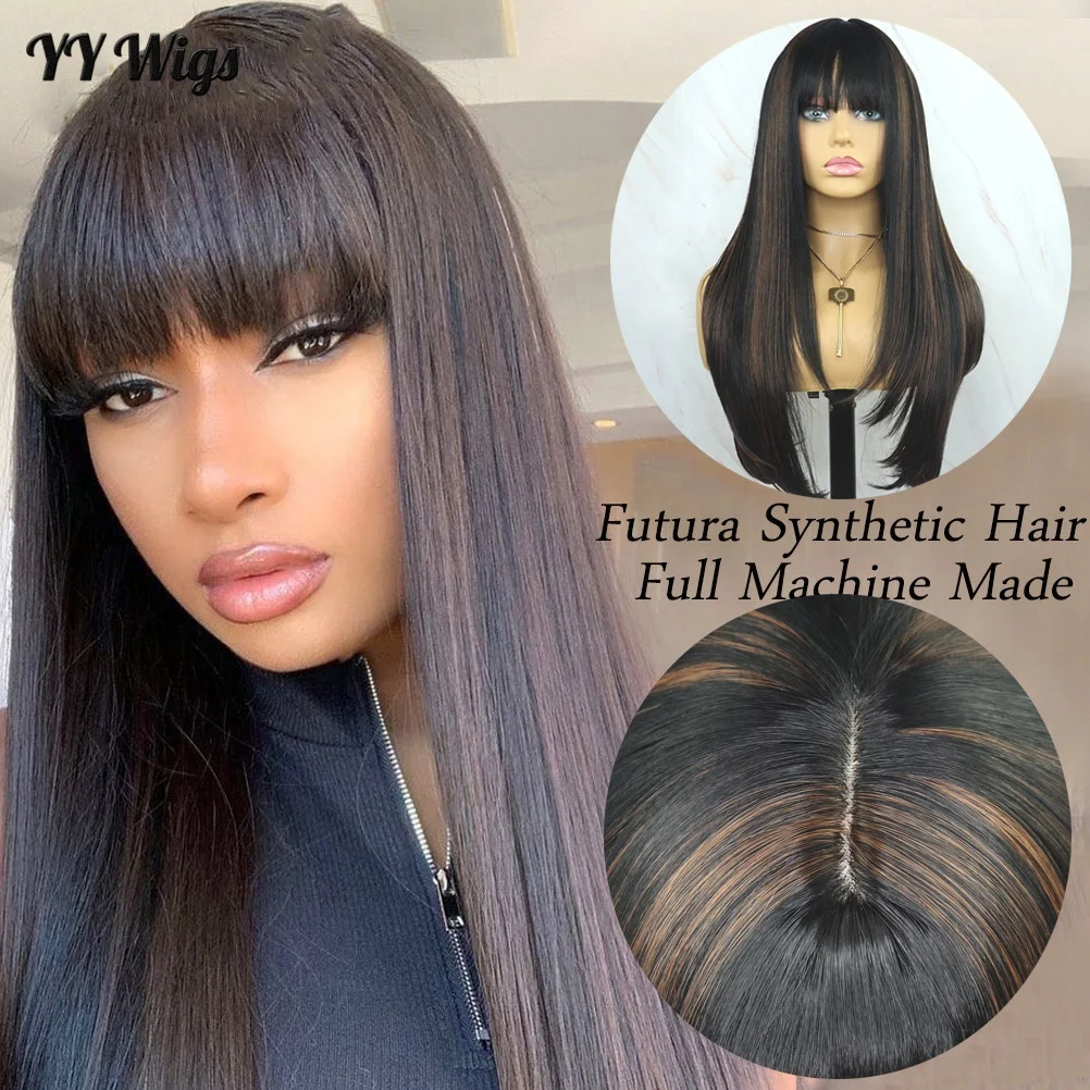 

Natural Looking Full Machine Wig Futura Synthetic Black Highlight Wig with Bangs