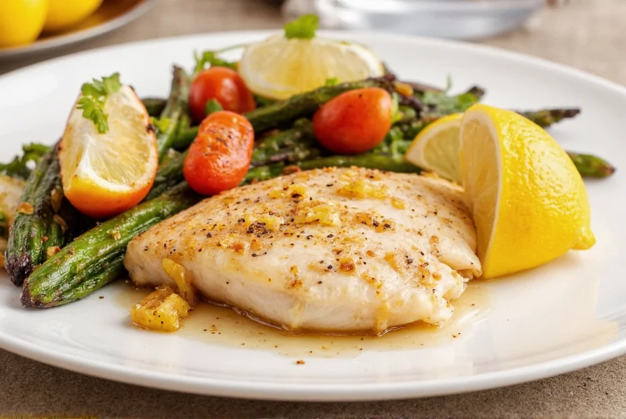 Colorful plating of lemon pepper tilapia with roasted vegetables and lemon wedges