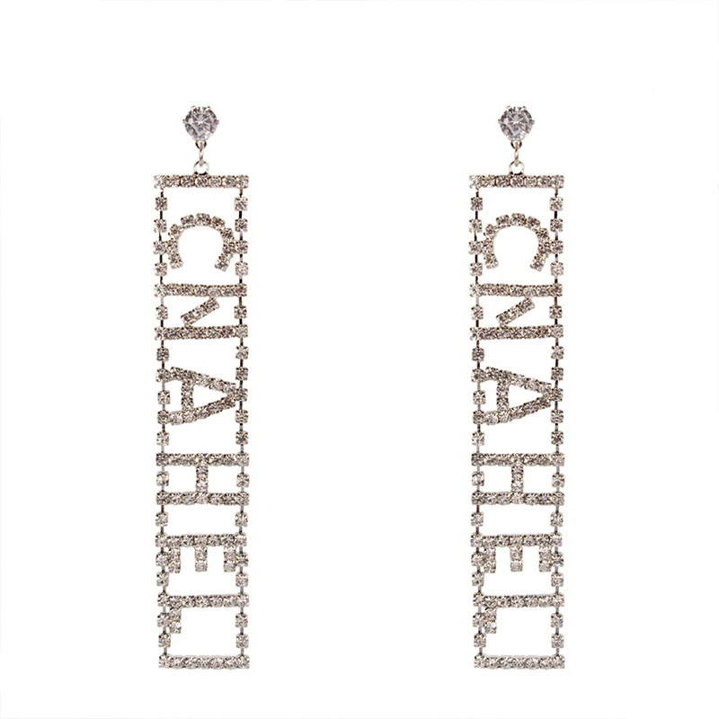 Trade Assurance Custom elegant rhinestone drop earrings geometric long letter dangle earrings for girl gift