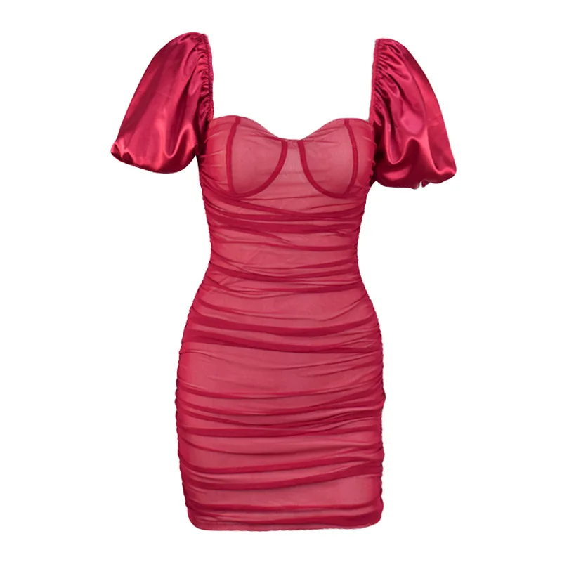 

New Arrival Women Elegant Trendy Summer Puff Sleeve Ruched Bodycon Dress For Party