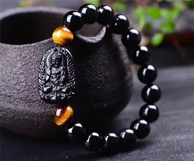 

Natural Obsidian Carving Eight Patron Saint Lucky Amulet 10mm Round Bead Bracelet For Women Men Bracelet, Black