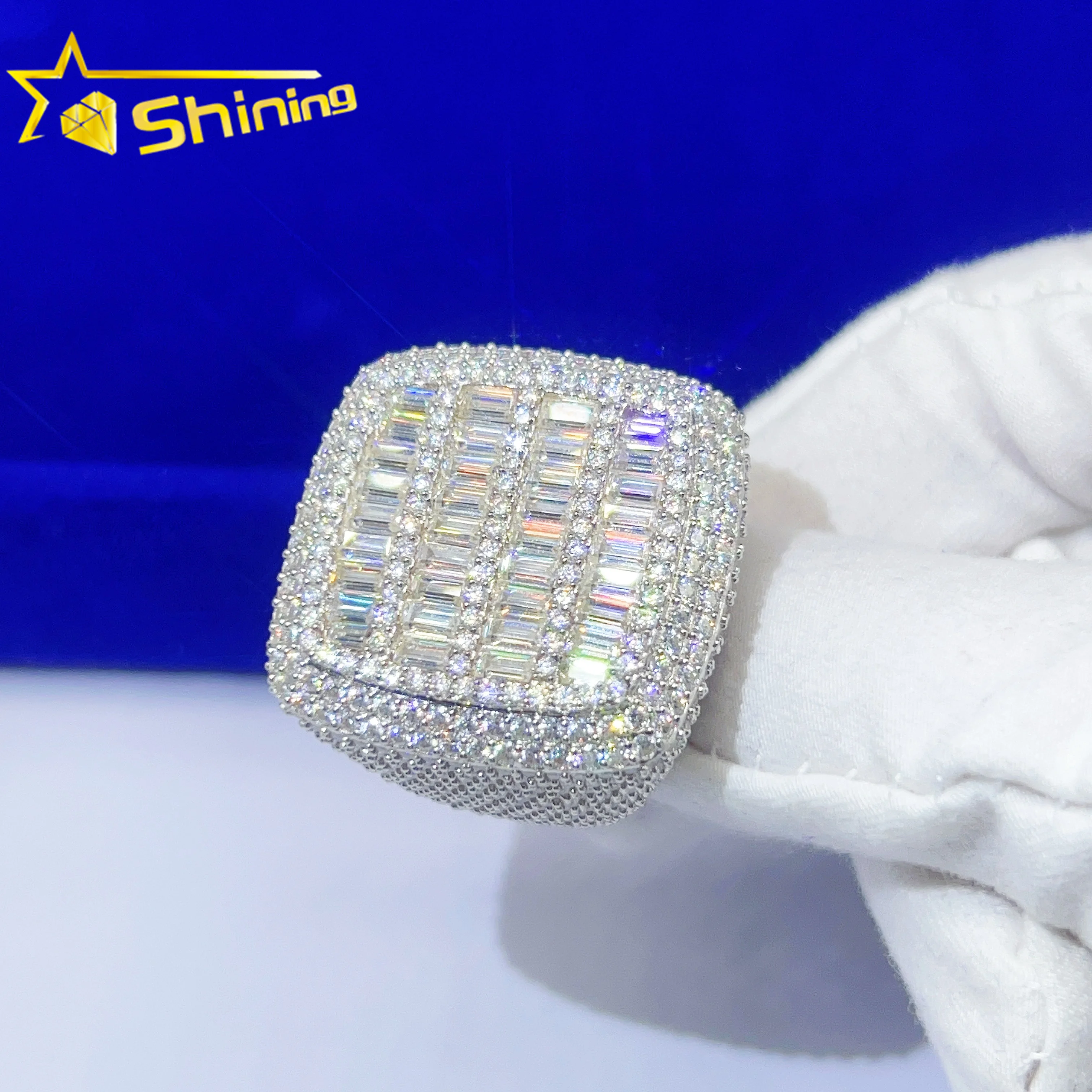 

Wholesale price baguette diamond hip hop men gold plated 925 sterling silver pass diamond testermoissanite iced out ring