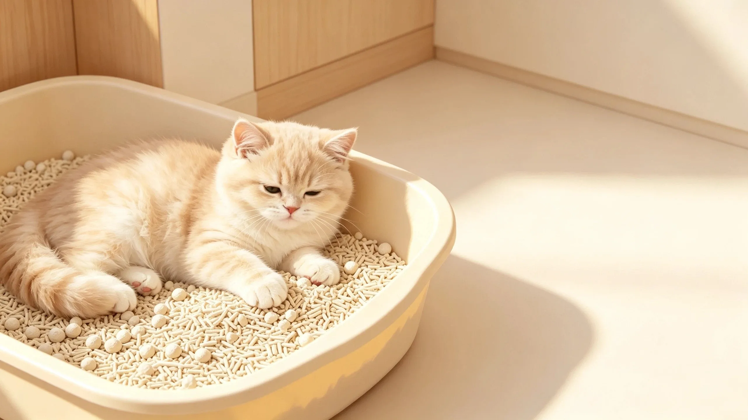A cat resting beside its litter box in a warm, sunlit home